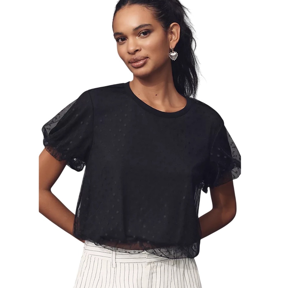 Dolan Left Coast Anthropologie Mesh Dot Bubble Top Black Puff Sleeve XS Femnine